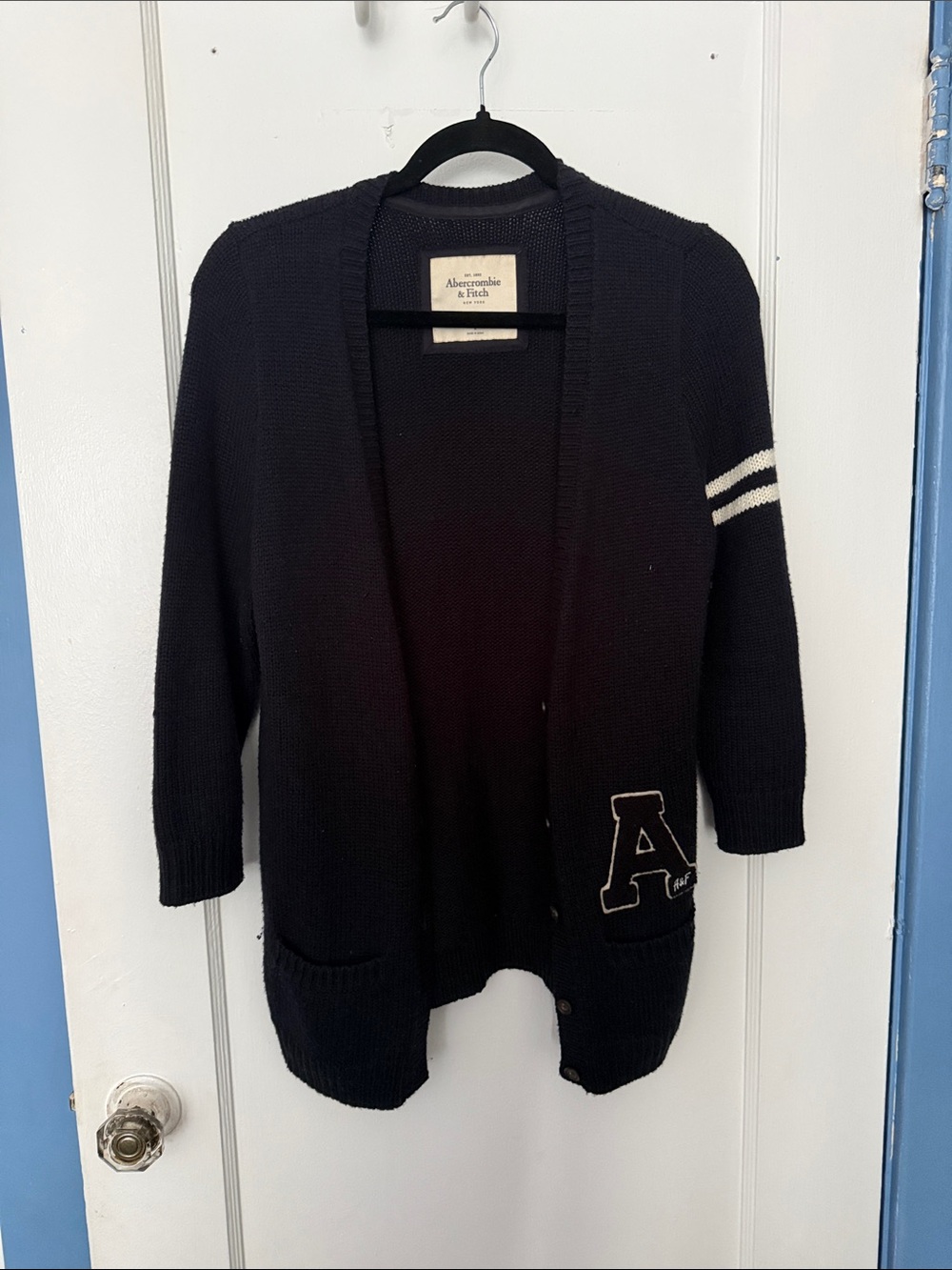 Abercrombie & Fitch Navy Open-Front Cardigan with Striped Sleeve